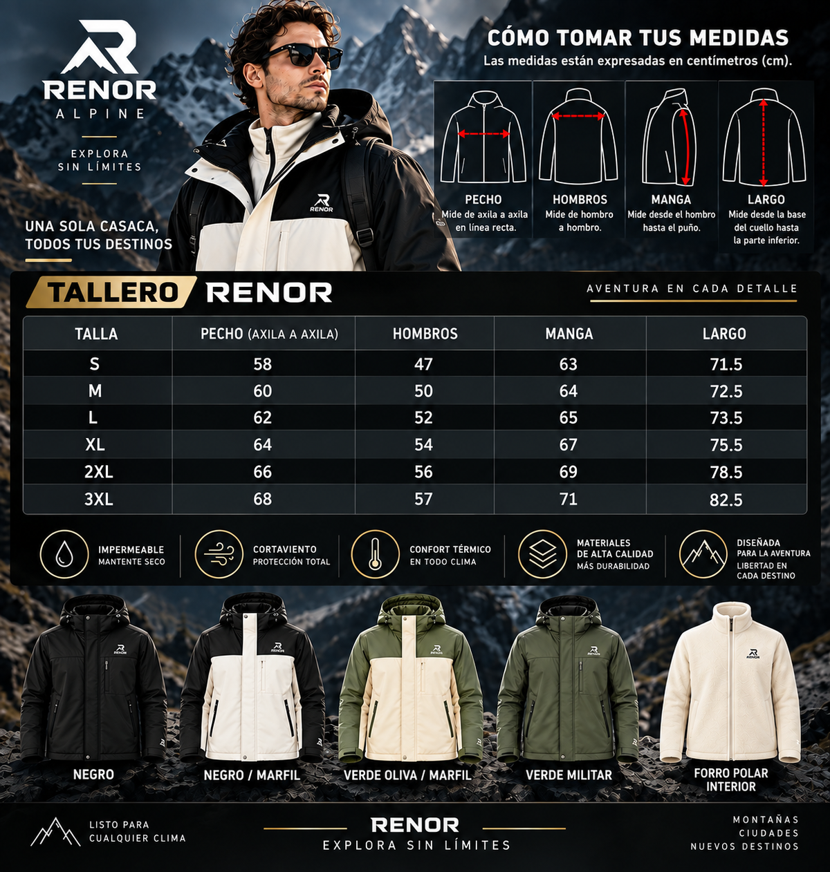 Casaca Hombre RENOR™ ALPINE 3 en 1 – Impermeable + Polar Térmico.